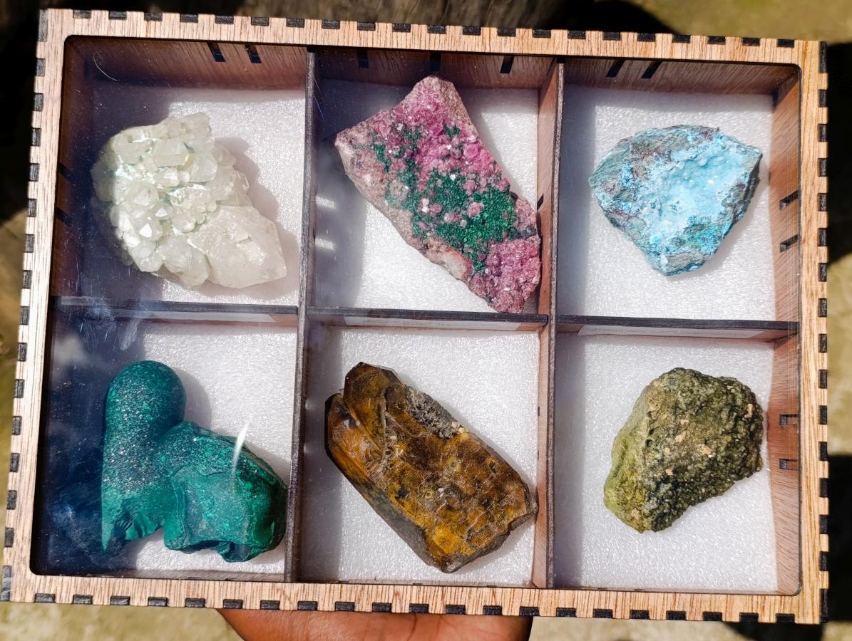 Natural Mixed Set of 6 African Minerals in a Wooden Display Box x 1 From Southern Africa