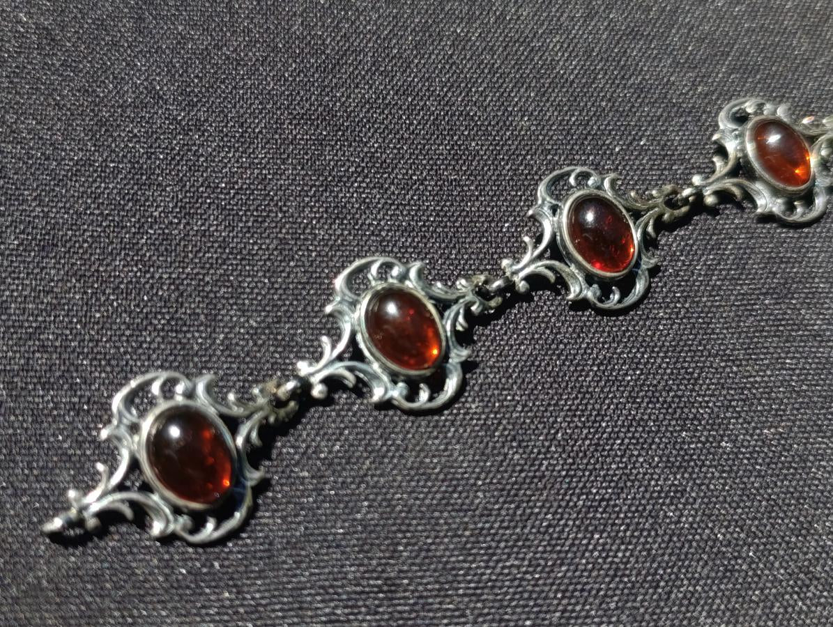 Hand Made Fossil Amber Antique Style Bracelet with 7 Flawless Cabochons x 1 From Poland