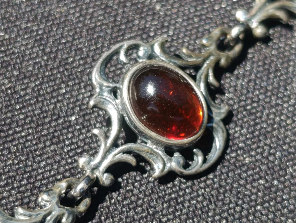 Hand Made Fossil Amber Antique Style Bracelet with 7 Flawless Cabochons x 1 From Poland