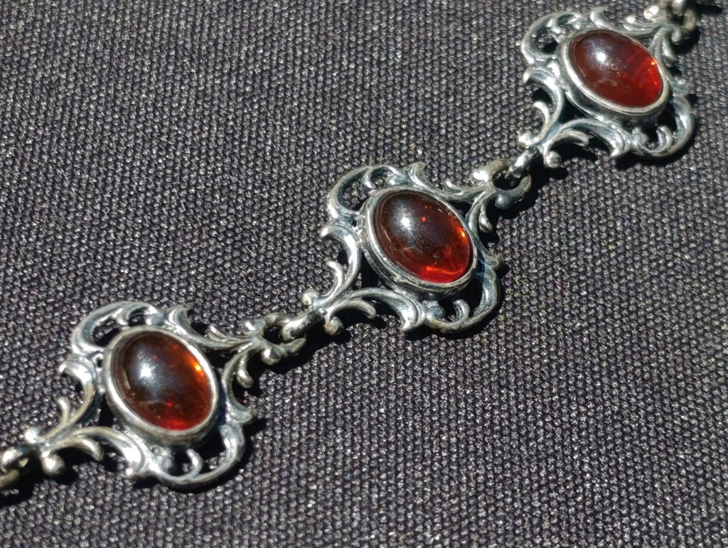 Hand Made Fossil Amber Antique Style Bracelet with 7 Flawless Cabochons x 1 From Poland