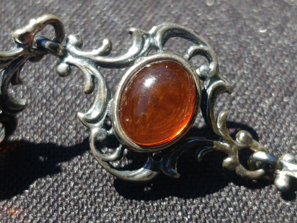 Hand Made Fossil Amber Antique Style Bracelet with 7 Flawless Cabochons x 1 From Poland