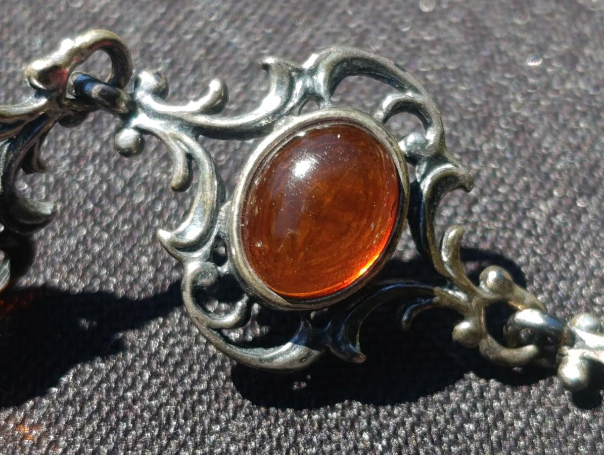 Hand Made Fossil Amber Antique Style Bracelet with 7 Flawless Cabochons x 1 From Poland