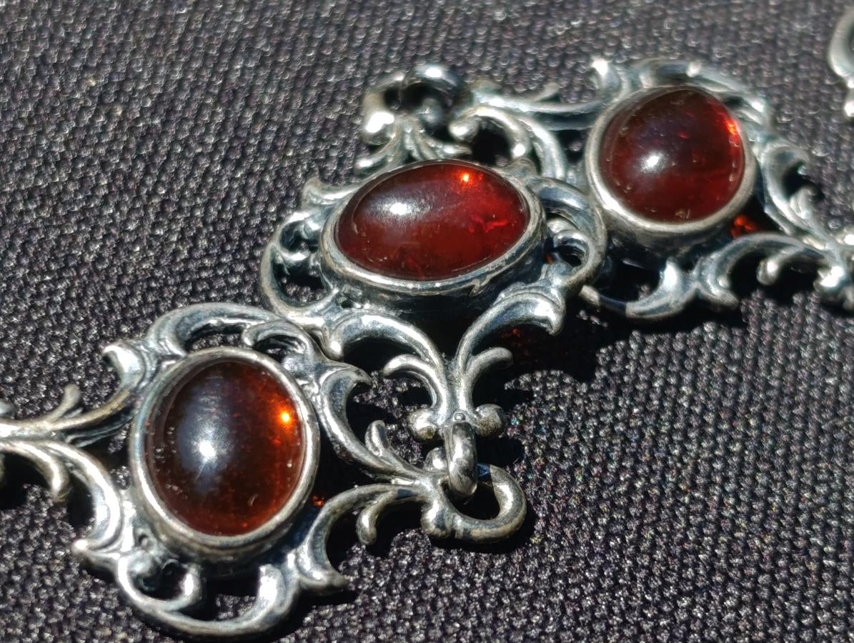 Hand Made Fossil Amber Antique Style Bracelet with 7 Flawless Cabochons x 1 From Poland