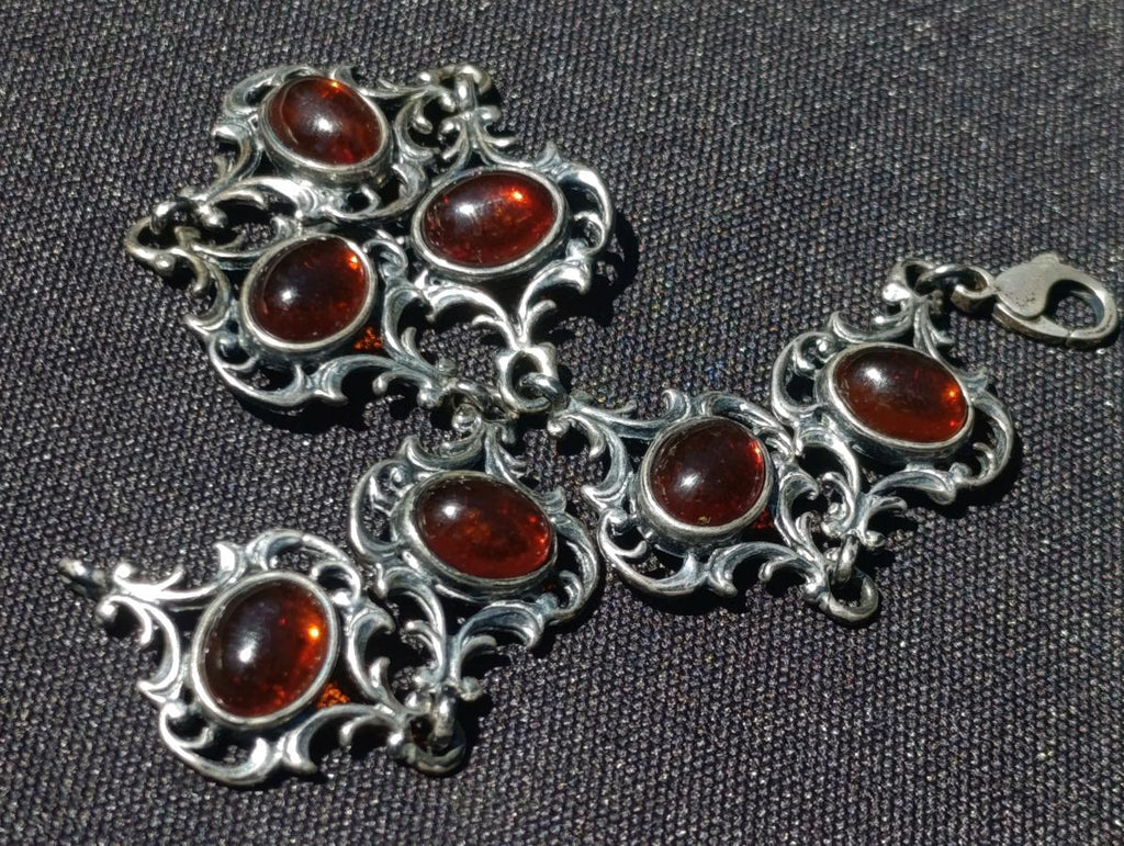 Hand Made Fossil Amber Antique Style Bracelet with 7 Flawless Cabochons x 1 From Poland