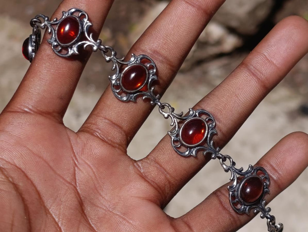 Hand Made Fossil Amber Antique Style Bracelet with 7 Flawless Cabochons x 1 From Poland
