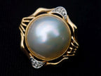 Hand Made Set of Earrings and a Ring Made From Mabe Pearls in Yellow Gold with Pave Diamonds x 1 From Japan