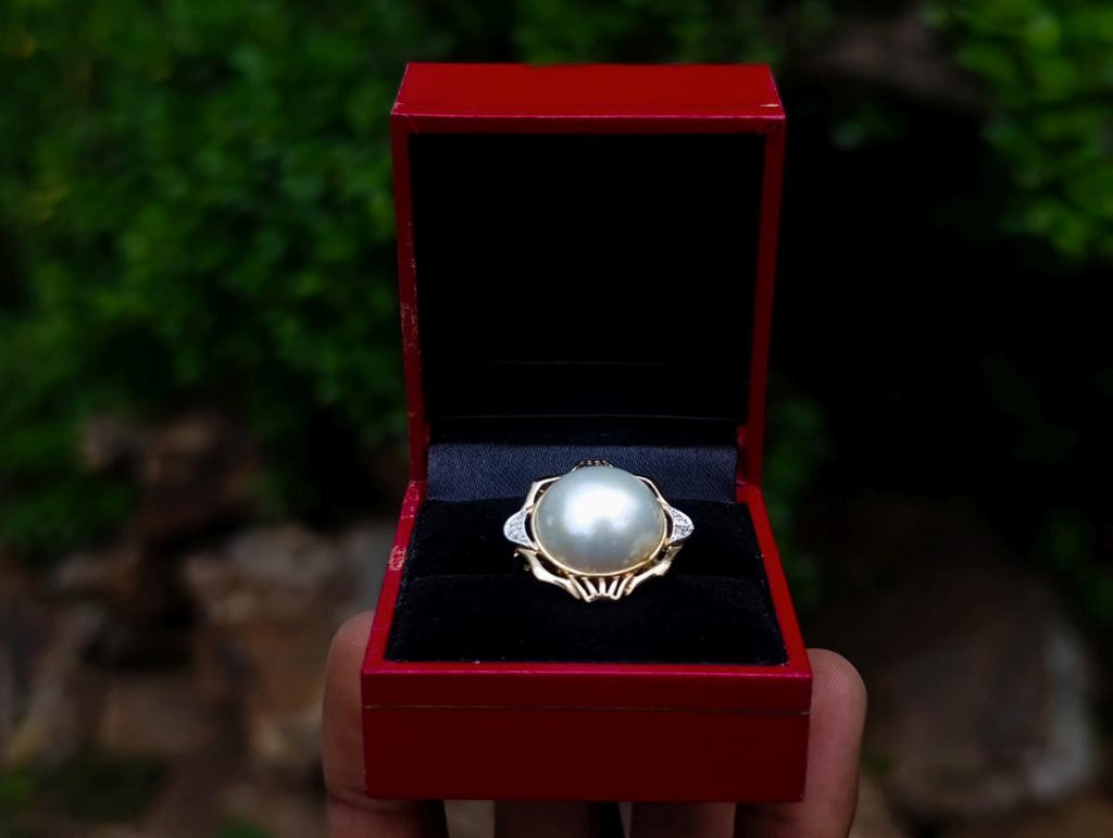 Hand Made Set of Earrings and a Ring Made From Mabe Pearls in Yellow Gold with Pave Diamonds x 1 From Japan