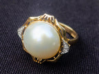 Hand Made Set of Earrings and a Ring Made From Mabe Pearls in Yellow Gold with Pave Diamonds x 1 From Japan