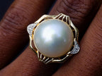 Hand Made Set of Earrings and a Ring Made From Mabe Pearls in Yellow Gold with Pave Diamonds x 1 From Japan