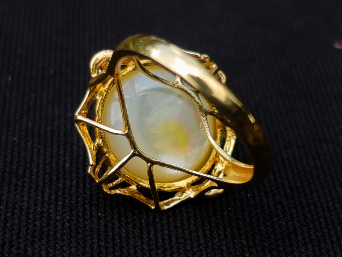 Hand Made Set of Earrings and a Ring Made From Mabe Pearls in Yellow Gold with Pave Diamonds x 1 From Japan
