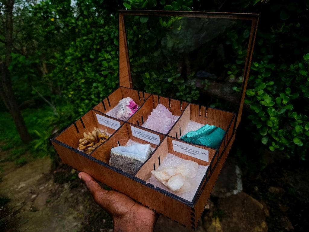 Natural Mixed Collectors Set of 6 African Minerals in a Wooden Display Box x 1 From Southern Africa