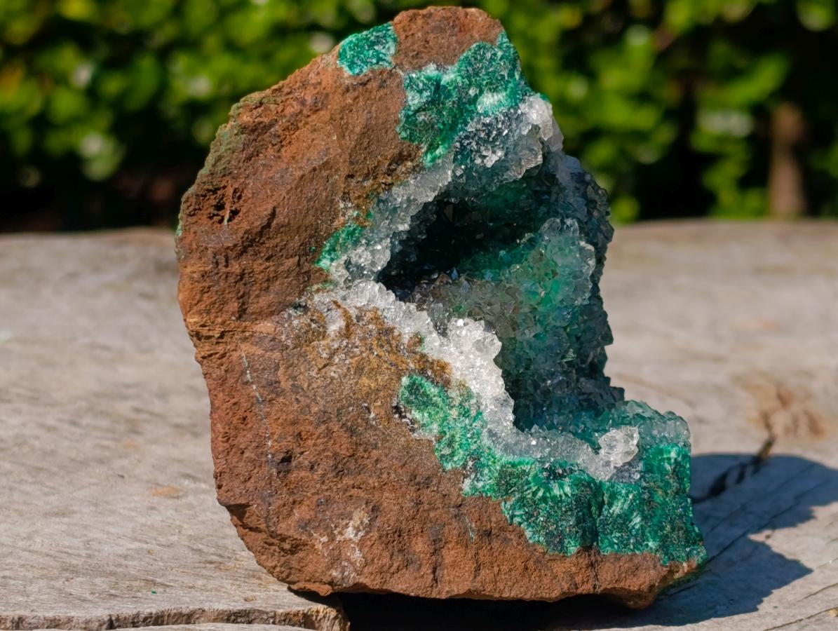 Natural Exquisite Clear Quartz Crystal Coated Chatoyant Silky Malachite Vug Specimen x 1 From Lupoto Mine, Congo