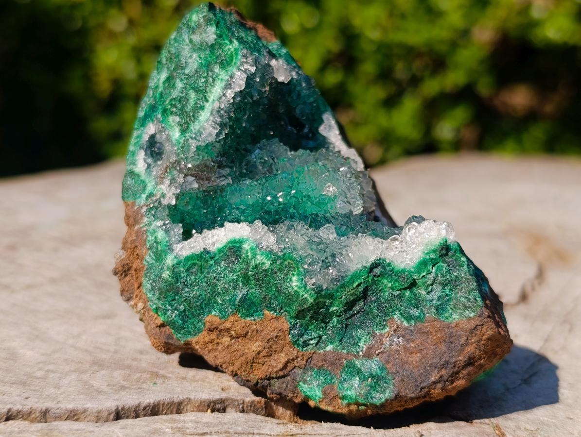 Natural Exquisite Clear Quartz Crystal Coated Chatoyant Silky Malachite Vug Specimen x 1 From Lupoto Mine, Congo