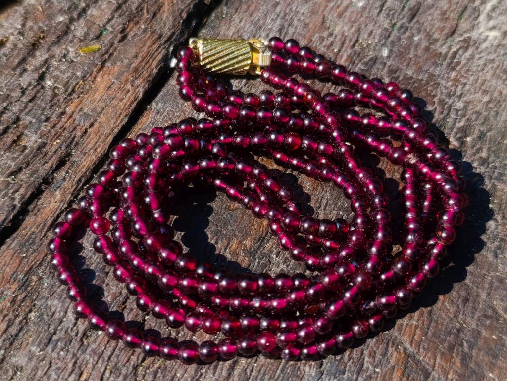 Hand Made Vintage Triple Strand Necklace and Wrist Watch Set Made From Mozambique Pyrope Garnet x 1 From Japan