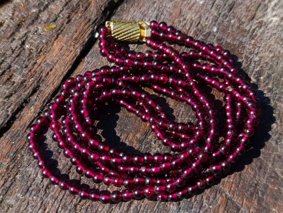 Hand Made Vintage Triple Strand Necklace and Wrist Watch Set Made From Mozambique Pyrope Garnet x 1 From Japan