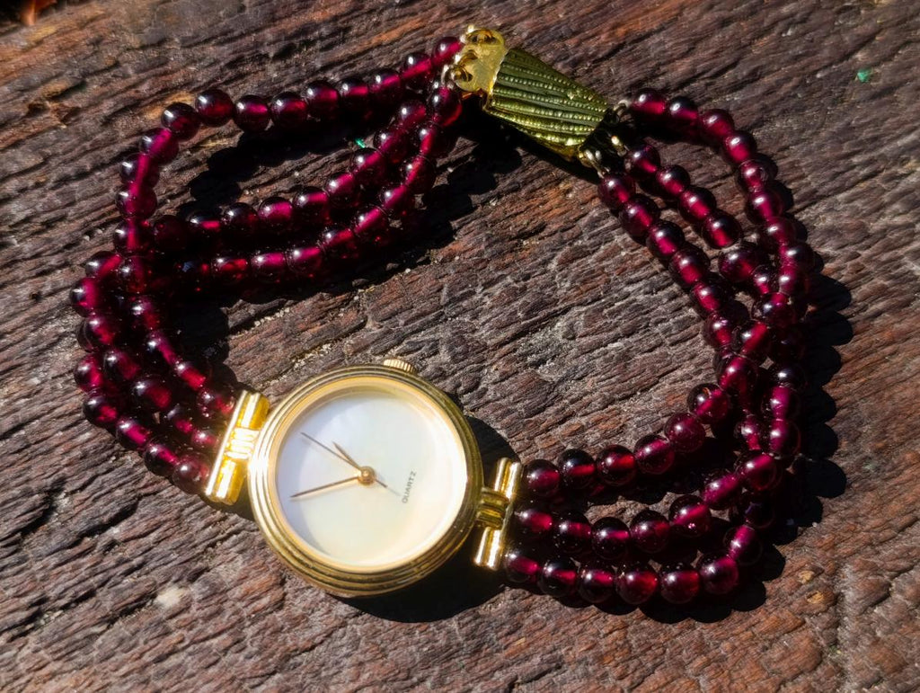 Hand Made Vintage Triple Strand Necklace and Wrist Watch Set Made From Mozambique Pyrope Garnet x 1 From Japan