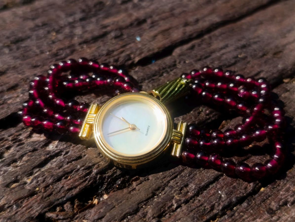 Hand Made Vintage Triple Strand Necklace and Wrist Watch Set Made From Mozambique Pyrope Garnet x 1 From Japan