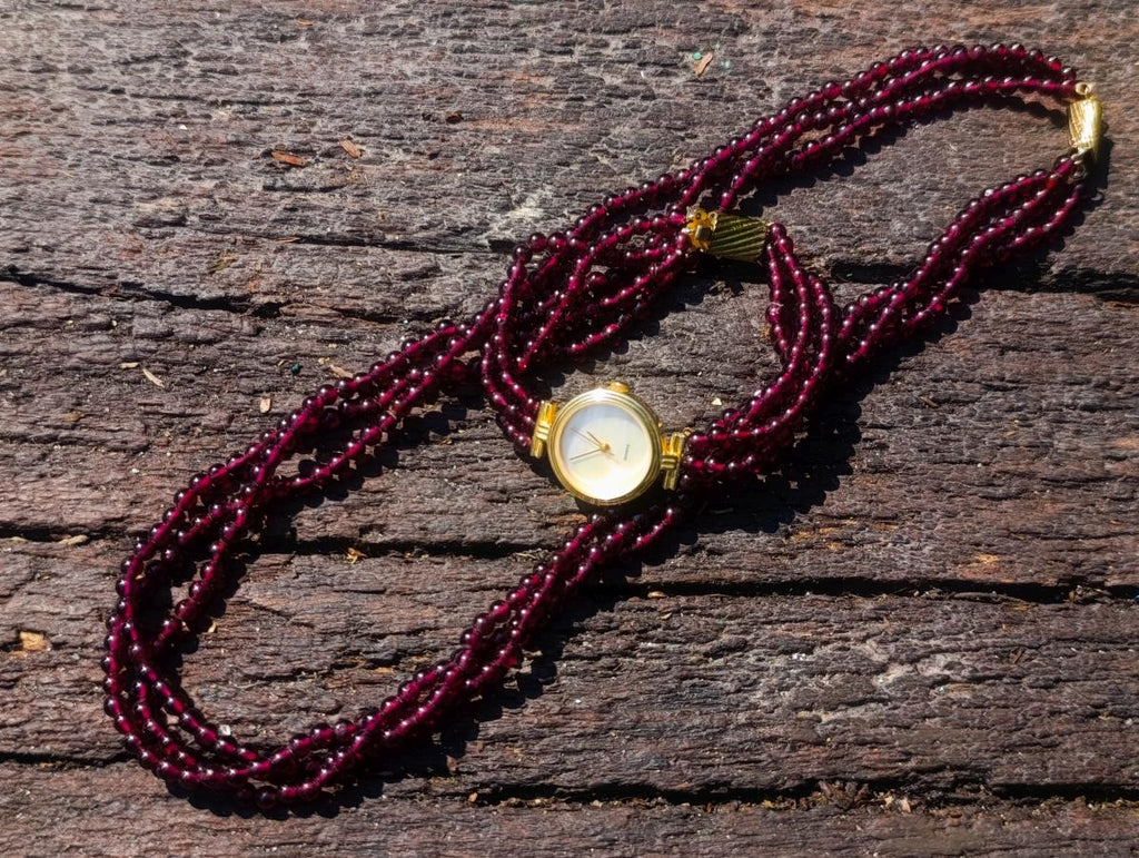 Hand Made Vintage Triple Strand Necklace and Wrist Watch Set Made From Mozambique Pyrope Garnet x 1 From Japan