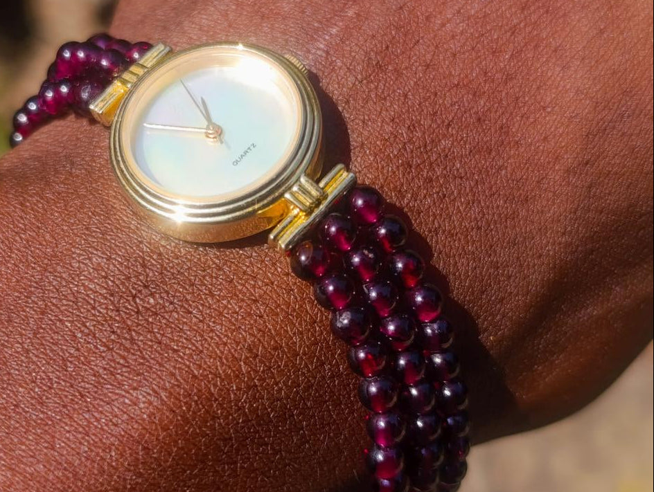 Hand Made Vintage Triple Strand Necklace and Wrist Watch Set Made From Mozambique Pyrope Garnet x 1 From Japan