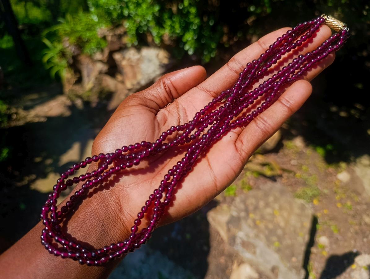 Hand Made Vintage Triple Strand Necklace and Wrist Watch Set Made From Mozambique Pyrope Garnet x 1 From Japan