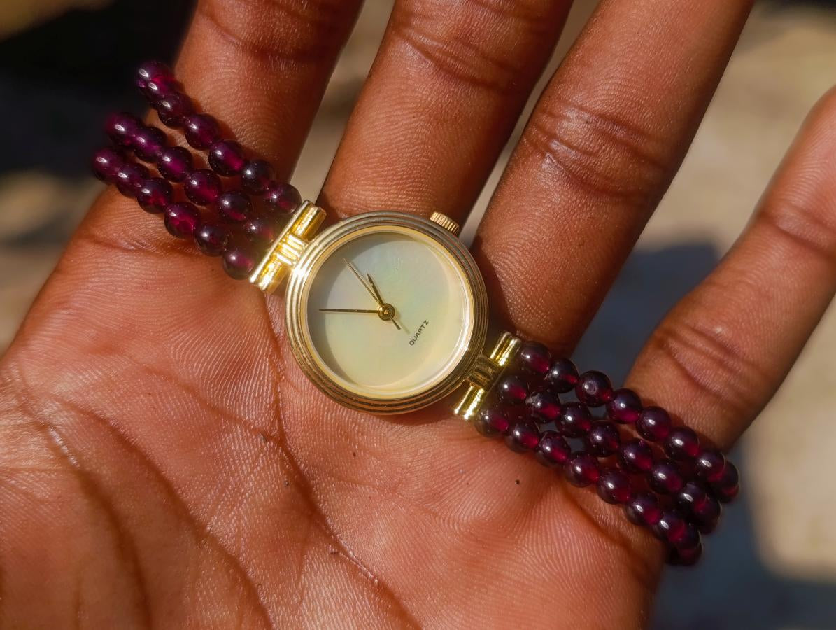 Hand Made Vintage Triple Strand Necklace and Wrist Watch Set Made From Mozambique Pyrope Garnet x 1 From Japan