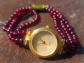 Hand Made Vintage Triple Strand Necklace and Wrist Watch Set Made From Mozambique Pyrope Garnet x 1 From Japan