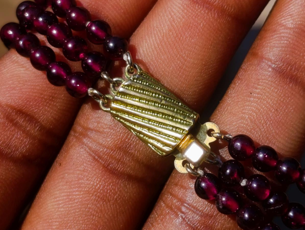 Hand Made Vintage Triple Strand Necklace and Wrist Watch Set Made From Mozambique Pyrope Garnet x 1 From Japan