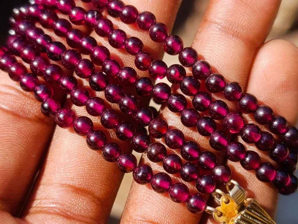 Hand Made Vintage Triple Strand Necklace and Wrist Watch Set Made From Mozambique Pyrope Garnet x 1 From Japan