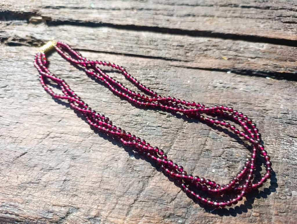Hand Made Vintage Triple Strand Necklace and Wrist Watch Set Made From Mozambique Pyrope Garnet x 1 From Japan