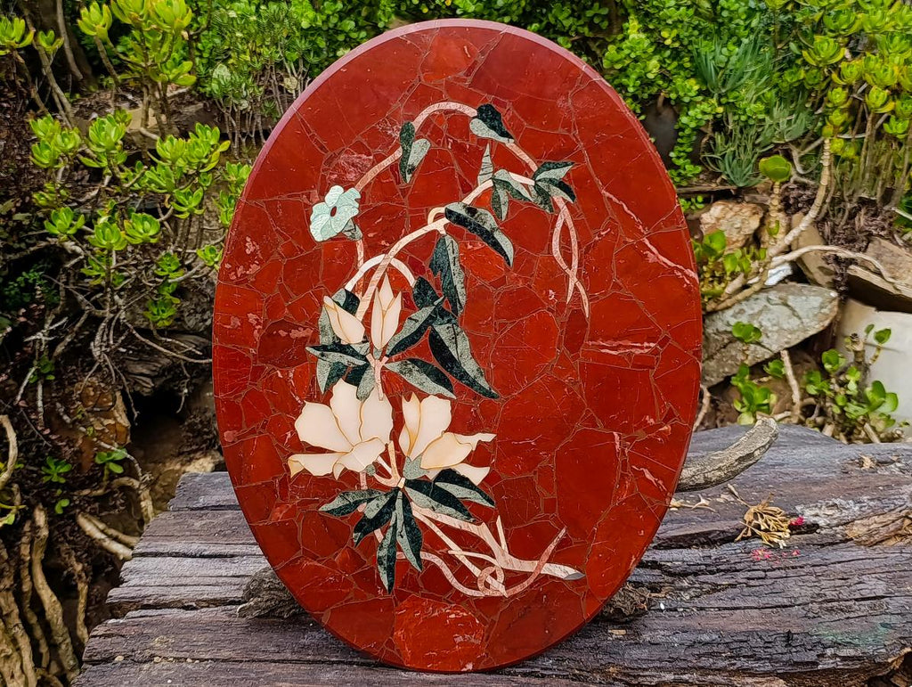 Hand Made Exceptional Oval Pietra Dura Floral Red Jasper Table Top x 1 From Russia