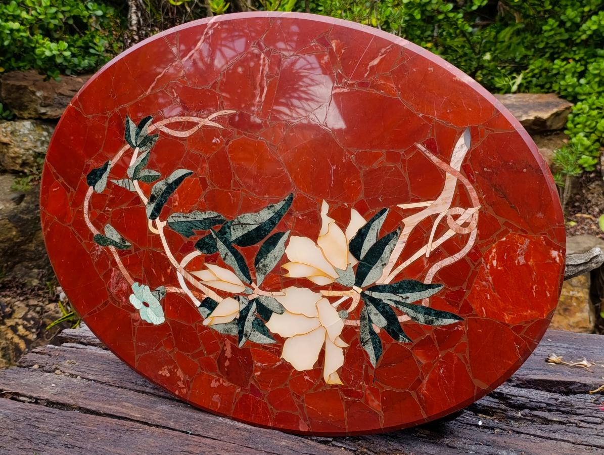 Hand Made Exceptional Oval Pietra Dura Floral Red Jasper Table Top x 1 From Russia