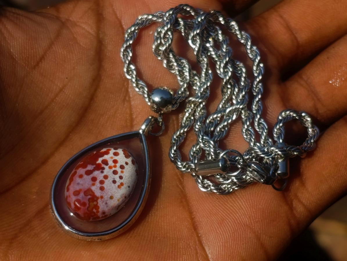 Hand Made Red Orbicular Ocean Jasper Cabochon Set in a Silver Teardrop Shaped Necklace x 1 From Madagascar