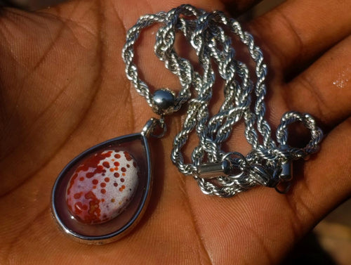Hand Made Red Orbicular Ocean Jasper Cabochon Set in a Silver Teardrop Shaped Necklace x 1 From Madagascar