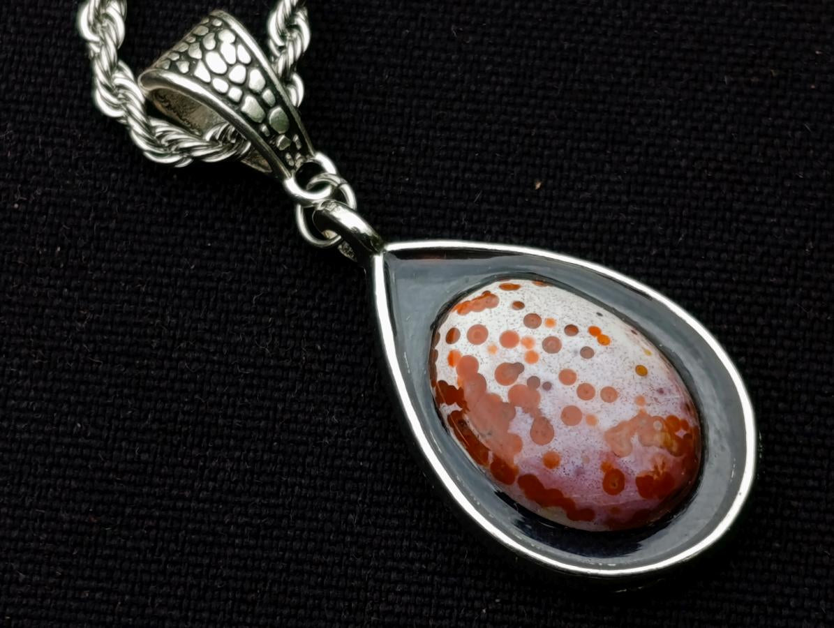 Hand Made Red Orbicular Ocean Jasper Cabochon Set in a Silver Teardrop Shaped Necklace x 1 From Madagascar