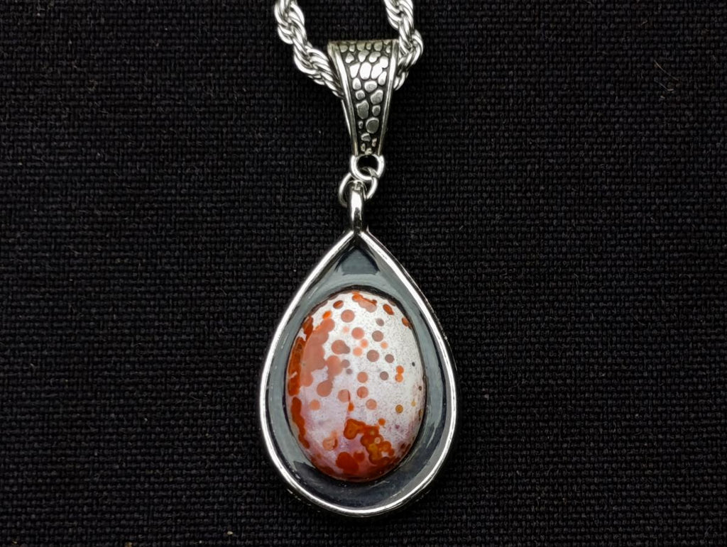 Hand Made Red Orbicular Ocean Jasper Cabochon Set in a Silver Teardrop Shaped Necklace x 1 From Madagascar