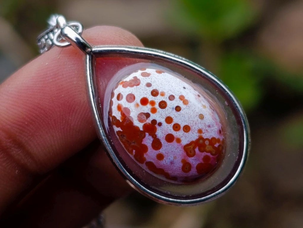 Hand Made Red Orbicular Ocean Jasper Cabochon Set in a Silver Teardrop Shaped Necklace x 1 From Madagascar