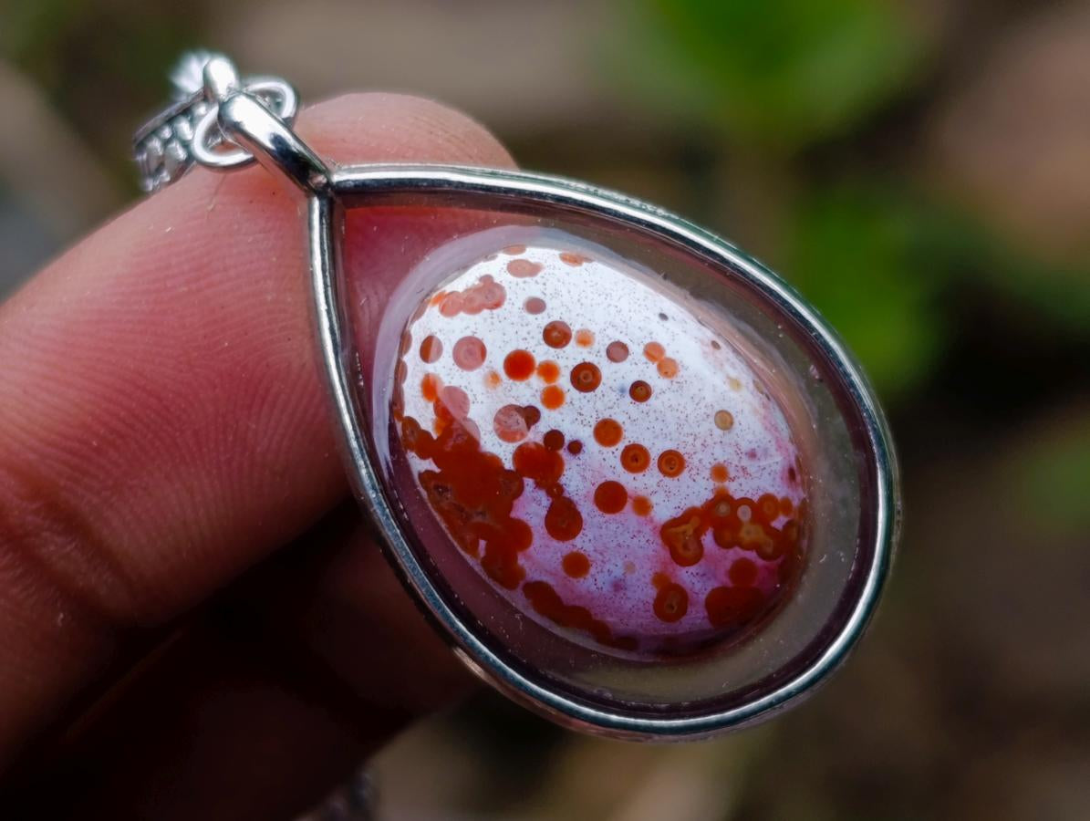 Hand Made Red Orbicular Ocean Jasper Cabochon Set in a Silver Teardrop Shaped Necklace x 1 From Madagascar