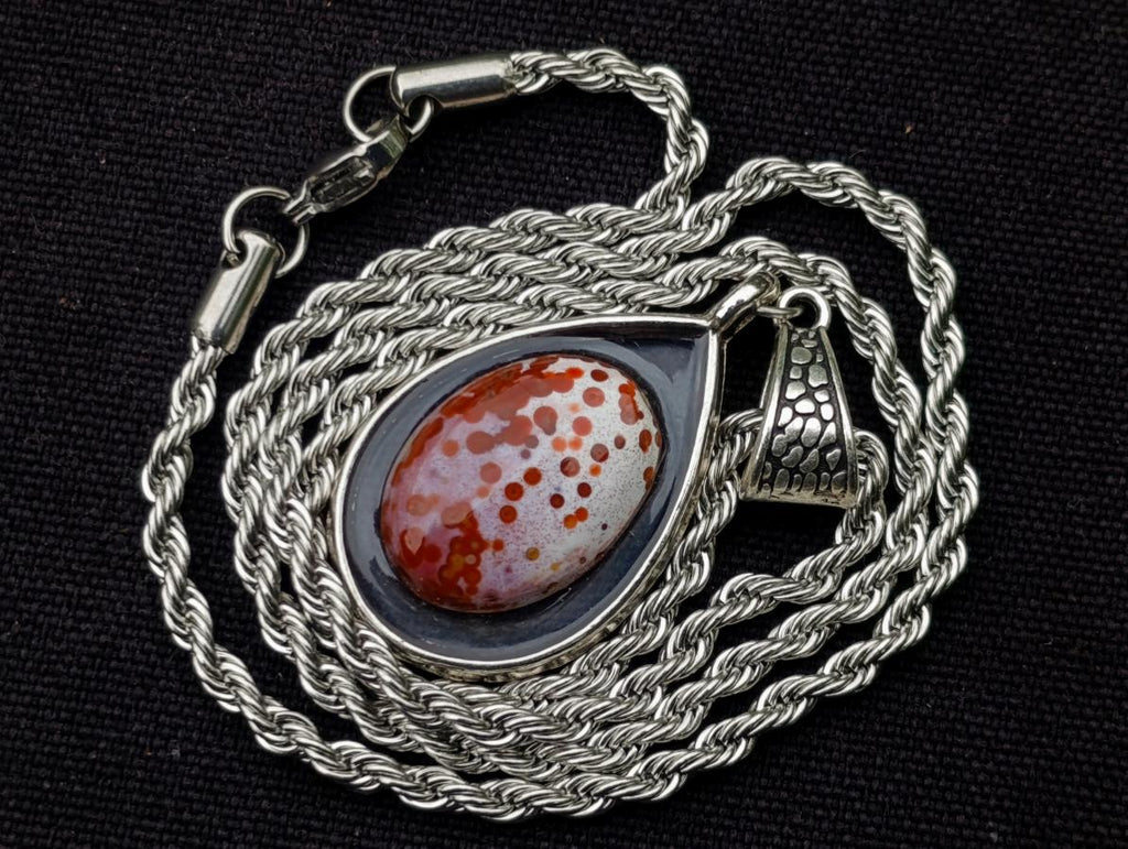 Hand Made Red Orbicular Ocean Jasper Cabochon Set in a Silver Teardrop Shaped Necklace x 1 From Madagascar