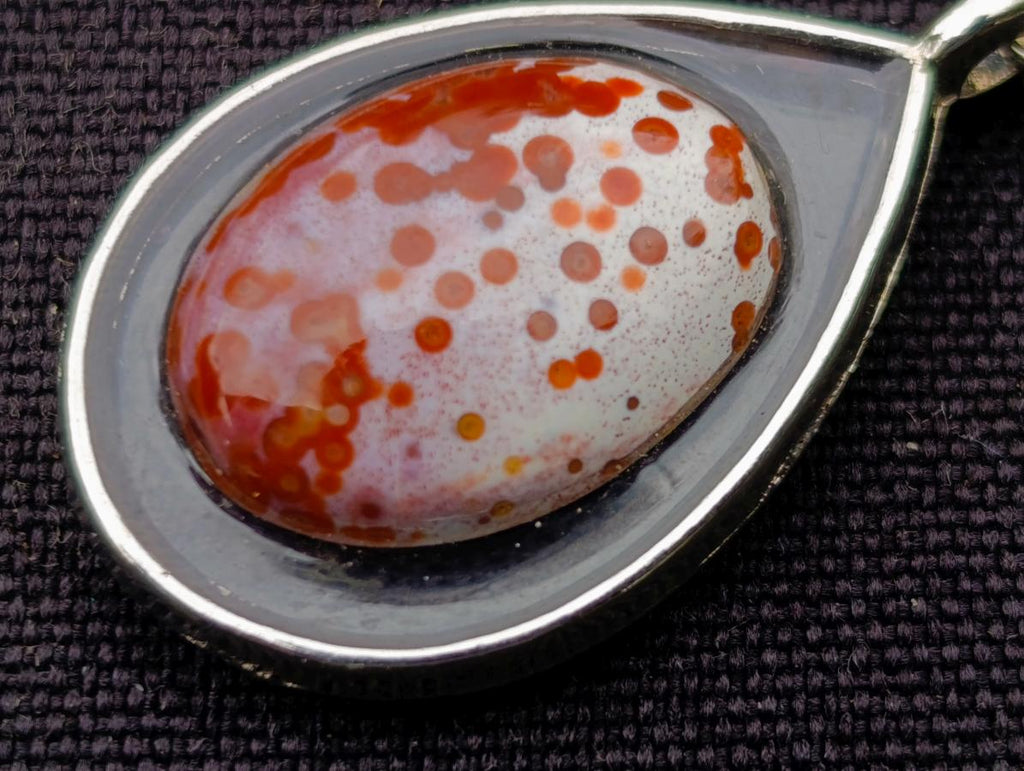Hand Made Red Orbicular Ocean Jasper Cabochon Set in a Silver Teardrop Shaped Necklace x 1 From Madagascar