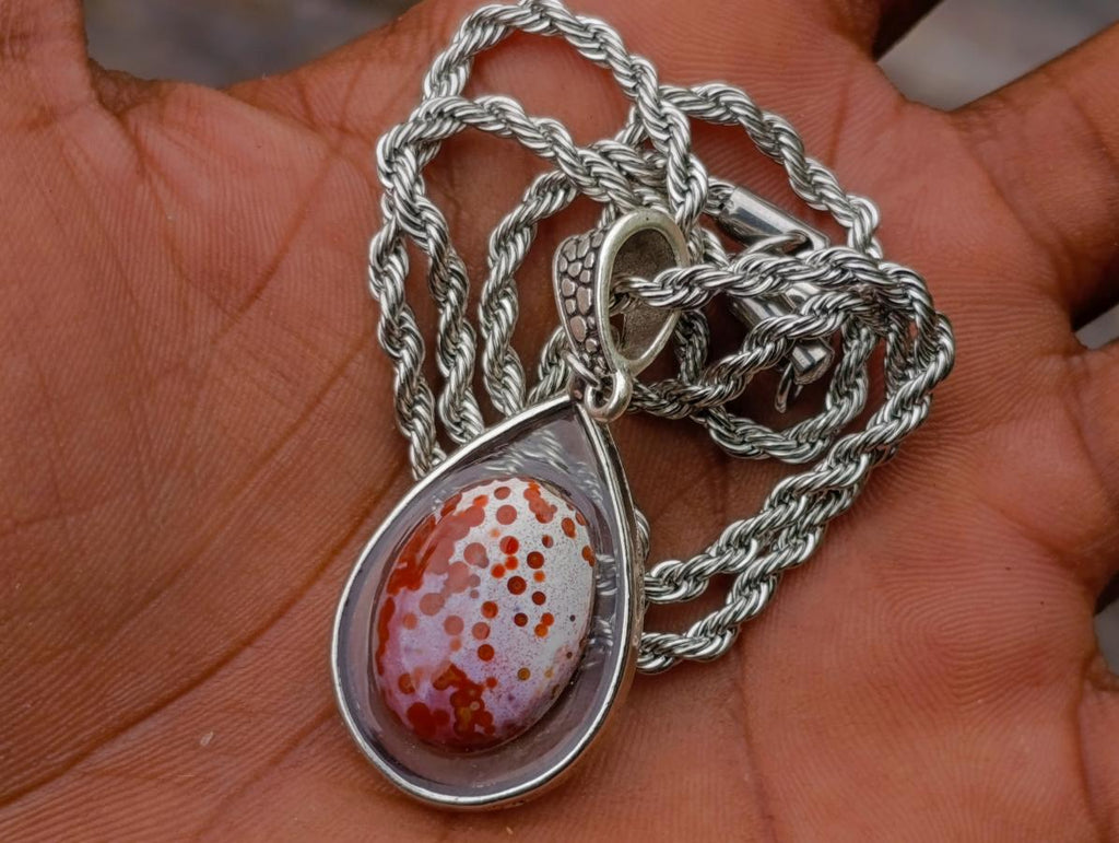 Hand Made Red Orbicular Ocean Jasper Cabochon Set in a Silver Teardrop Shaped Necklace x 1 From Madagascar