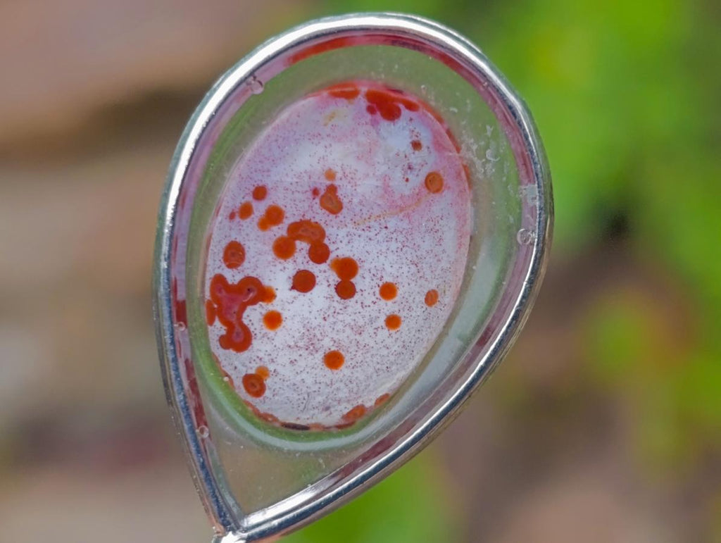 Hand Made Red Orbicular Ocean Jasper Cabochon Set in a Silver Teardrop Shaped Necklace x 1 From Madagascar