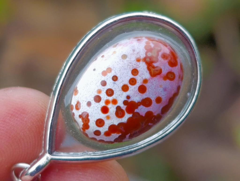 Hand Made Red Orbicular Ocean Jasper Cabochon Set in a Silver Teardrop Shaped Necklace x 1 From Madagascar