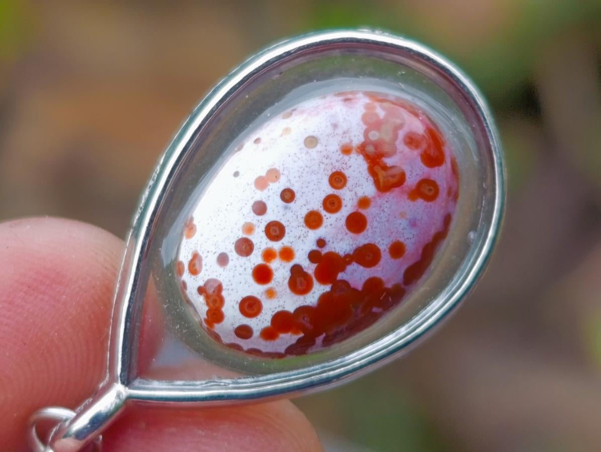 Hand Made Red Orbicular Ocean Jasper Cabochon Set in a Silver Teardrop Shaped Necklace x 1 From Madagascar
