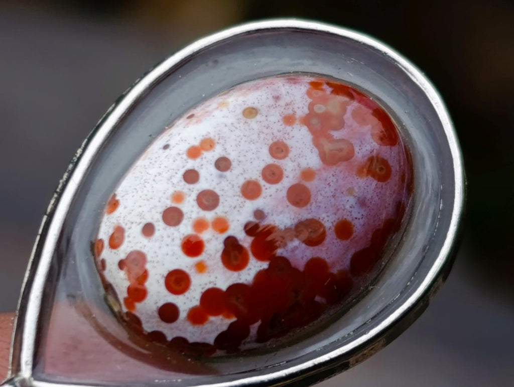 Hand Made Red Orbicular Ocean Jasper Cabochon Set in a Silver Teardrop Shaped Necklace x 1 From Madagascar
