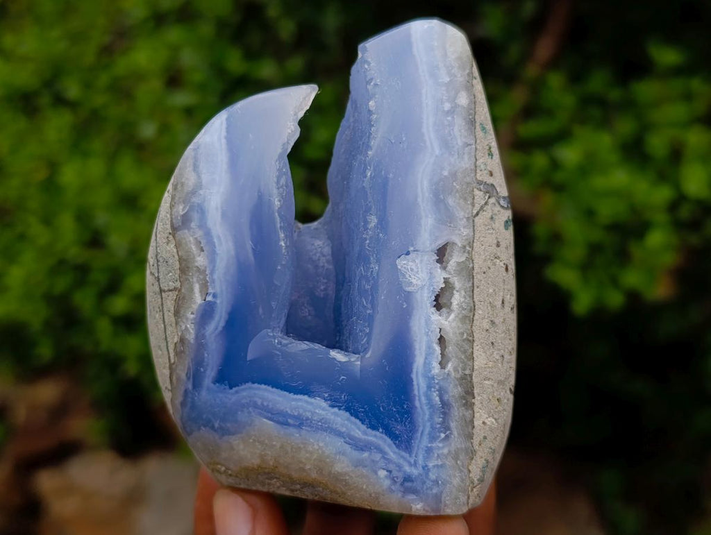 Polished and Natural Standing Blue Lace Agate Geode Display Piece x 1 From Nsanje, Malawi