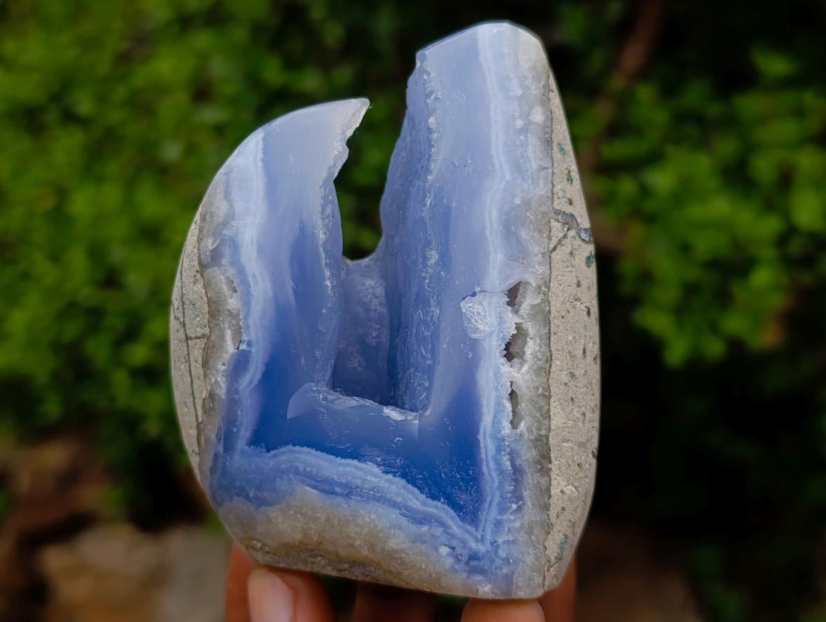 Polished and Natural Standing Blue Lace Agate Geode Display Piece x 1 From Nsanje, Malawi
