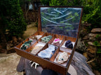 Polished and Natural Mixed Set of 8 African Minerals Crystals and a Fossil in a Wooden Display Box x 1 From Southern Africa