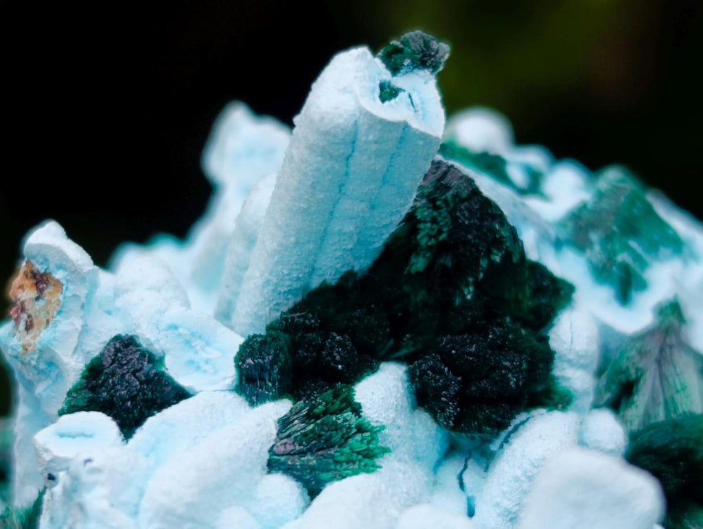 Natural Lupoto Mine Multi Generation Chrysocolla Pseudomorph with Fibrous Malachite Star Crystallisation x 1 From Lupoto Mine, Congo