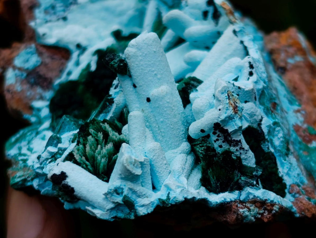 Natural Lupoto Mine Multi Generation Chrysocolla Pseudomorph with Fibrous Malachite Star Crystallisation x 1 From Lupoto Mine, Congo
