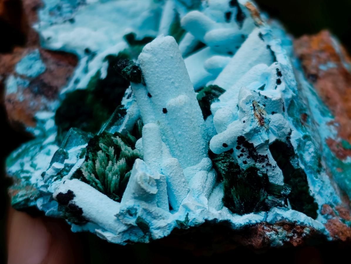 Natural Lupoto Mine Multi Generation Chrysocolla Pseudomorph with Fibrous Malachite Star Crystallisation x 1 From Lupoto Mine, Congo